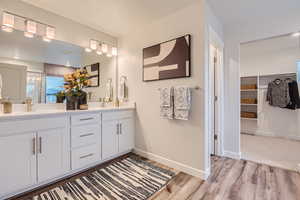 Primary bathroom with LVP floors, vanity, and a shower with shower door