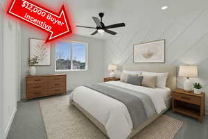 Bedroom with carpet, baseboards, recessed lighting, and a ceiling fan