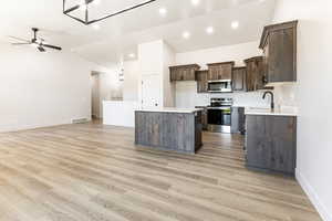 Kitchen featuring vaulted ceiling, ceiling fan, light wood-type flooring, a kitchen island, and stainless steel appliances