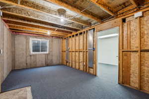 Basement featuring dark colored carpet