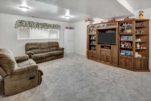 Living room featuring carpet and a textured ceiling