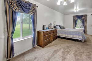 Carpeted bedroom with multiple windows, ceiling fan, and a textured ceiling