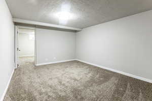 Basement with a textured ceiling and carpet