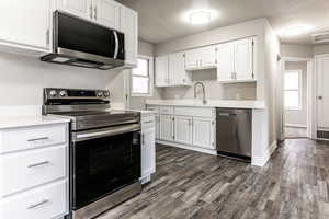 Kitchen featuring sink, stainless steel appliances, white cabinetry, and dark hardwood / wood-style flooring