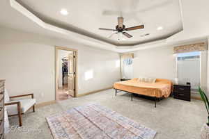 Bedroom with a raised ceiling, a walk in closet, ceiling fan, light colored carpet, and a closet