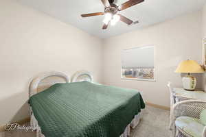 Carpeted bedroom featuring ceiling fan