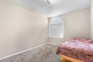 Unfurnished bedroom featuring carpet floors and a textured ceiling