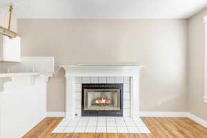 Details featuring wood-type flooring and a tile fireplace