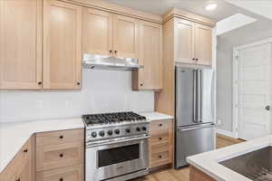 Kitchen featuring high quality appliances, light brown cabinetry, and light hardwood / wood-style floors