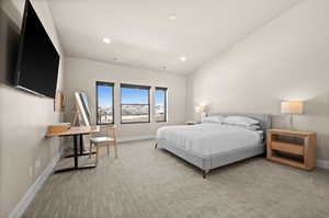 Carpeted bedroom featuring recessed lighting, visible vents, and baseboards