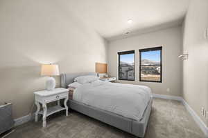 Bedroom with visible vents, carpet, and baseboards