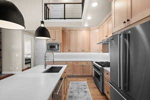 Kitchen featuring high end appliances, light brown cabinets, exhaust hood, and a sink