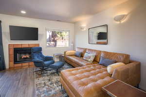 Living room featuring a fireplace and hardwood / wood-style flooring