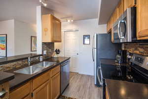 Kitchen featuring decorative backsplash, kitchen peninsula, sink, and appliances with stainless steel finishes