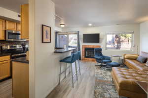 Living room featuring a tile fireplace, light wood-type flooring, and track lighting