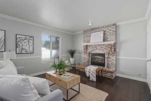 Living room featuring a fireplace, crown molding, and dark hardwood / wood-style floors