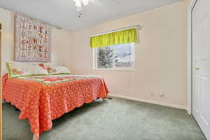 Carpeted bedroom with a closet and ceiling fan