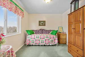 Bedroom with a textured ceiling and carpet floors