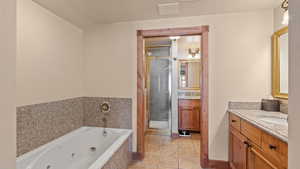 Bathroom featuring vanity, tile patterned flooring, vaulted ceiling, and plus walk in shower