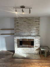 Details with track lighting, wood-type flooring, and a stone fireplace