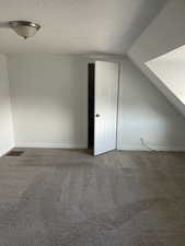 Additional living space featuring a textured ceiling, vaulted ceiling, and carpet flooring