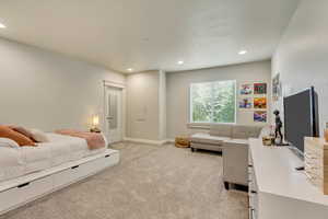 Bedroom featuring light carpet