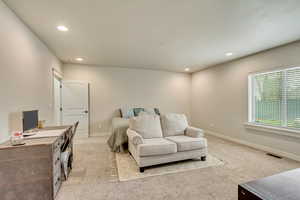 Bedroom with light carpet