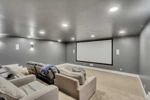 Cinema room featuring light carpet