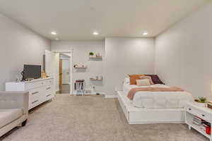 Bedroom featuring light colored carpet