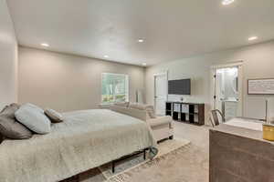 Carpeted bedroom with ensuite bathroom