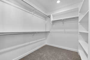 Spacious closet with dark carpet