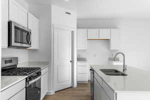 Kitchen featuring appliances with stainless steel finishes, white cabinets, a sink, and wood finished floors