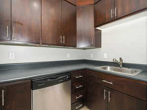 Kitchen with sink, dishwasher, tile patterned flooring, and dark brown cabinetry