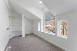 Additional living space featuring lofted ceiling, a wealth of natural light, and carpet flooring