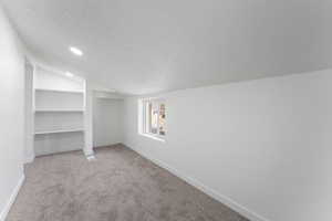 Basement featuring a textured ceiling and carpet floors