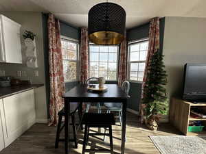 Dining area with a textured ceiling, hardwood / wood-style floors, and plenty of natural light