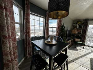 Dining space with carpet, a textured ceiling, a wealth of natural light, and vaulted ceiling