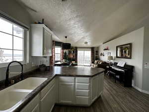 Kitchen with sink, a textured ceiling, white cabinetry, dark hardwood / wood-style flooring, and kitchen peninsula