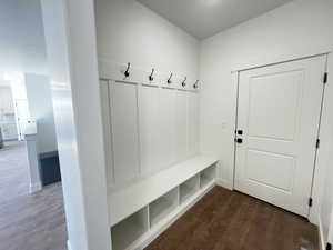 Mudroom featuring dark hardwood / wood-style flooring and built in features