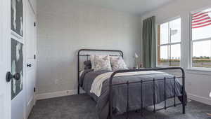 Bedroom with dark colored carpet