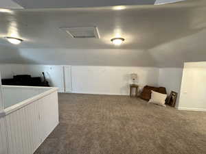 Additional living space with lofted ceiling and carpet flooring