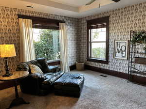 Sitting room with carpet, ceiling fan, and a raised ceiling