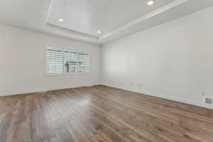 Spare room with a textured ceiling, light wood-type flooring, and a tray ceiling