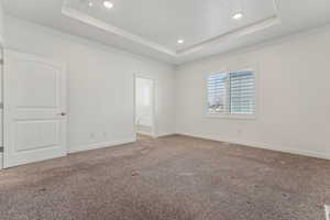 Spare room featuring carpet floors and a tray ceiling