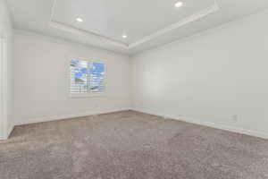 Empty room featuring a tray ceiling and carpet flooring