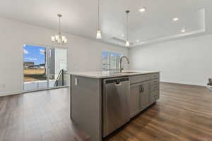 Kitchen with stainless steel dishwasher, a tray ceiling, a kitchen island with sink, sink, and hanging light fixtures