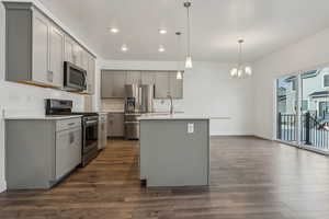 Kitchen featuring sink, stainless steel appliances, pendant lighting, gray cabinets, and a kitchen island with sink