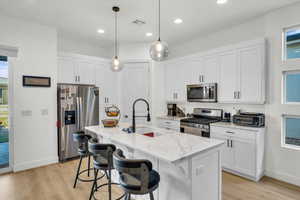 Kitchen with light stone countertops, a kitchen island with sink, white cabinets, appliances with stainless steel finishes, and sink