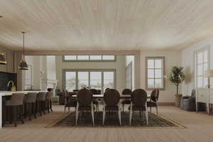 Dining space featuring wood ceiling and light hardwood / wood-style flooring