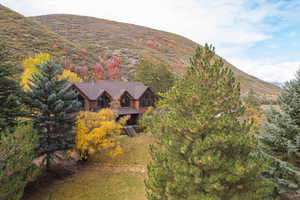 Birds eye view of property with a mountain view